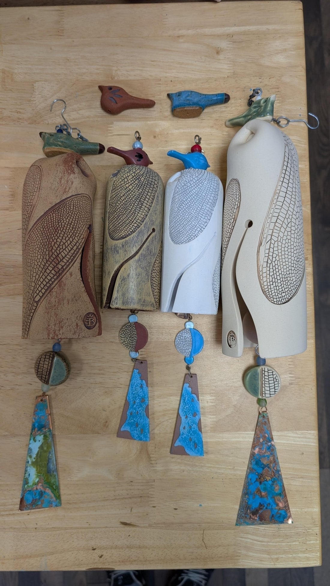 Handmade rustic dragonfly ceramic wind chime with patina copper sail