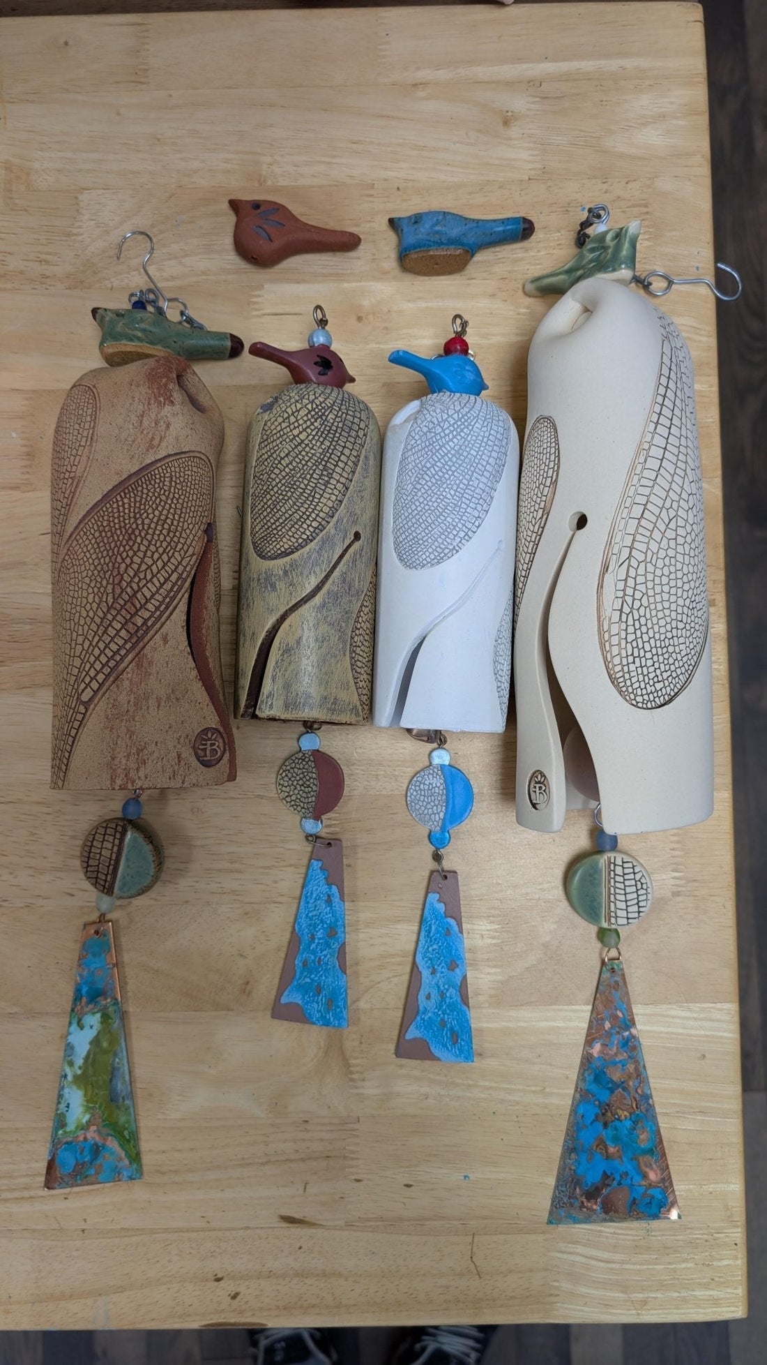 Handmade rustic dragonfly ceramic wind chime with patina copper sail