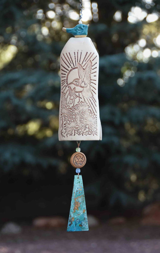 Handmade ceramic hummingbird wind chime bell with blue glazed bird topper and copper sail
