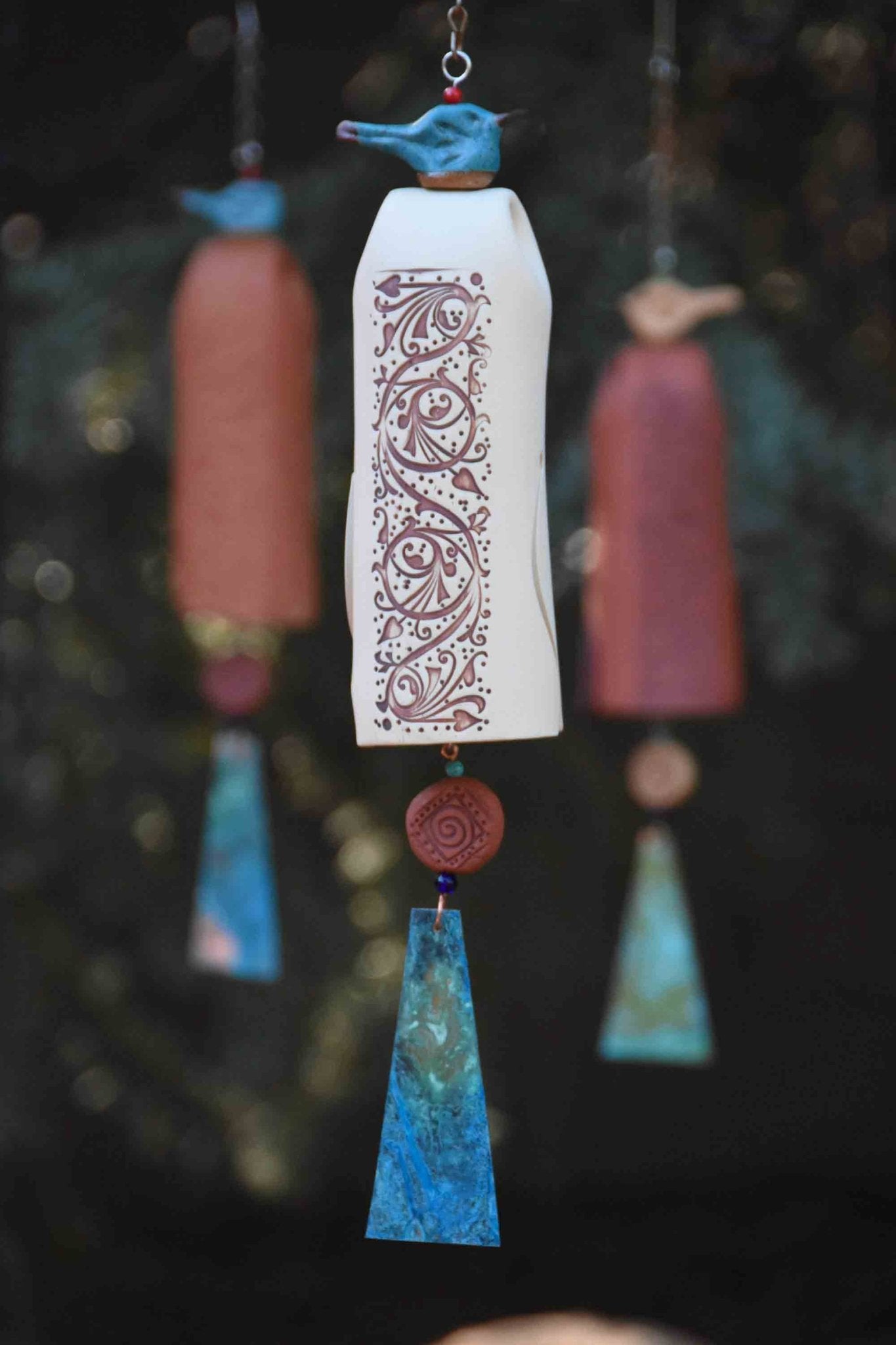 White vines handmade pottery wind bell – 9th anniversary gift