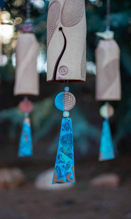 Rustic dragonfly ceramic wind chime with patinaed copper sail, handmade