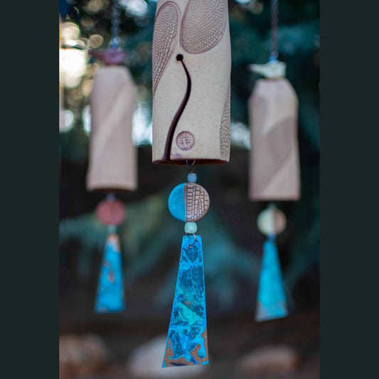 Rustic dragonfly ceramic wind chime with patinaed copper sail, handmade