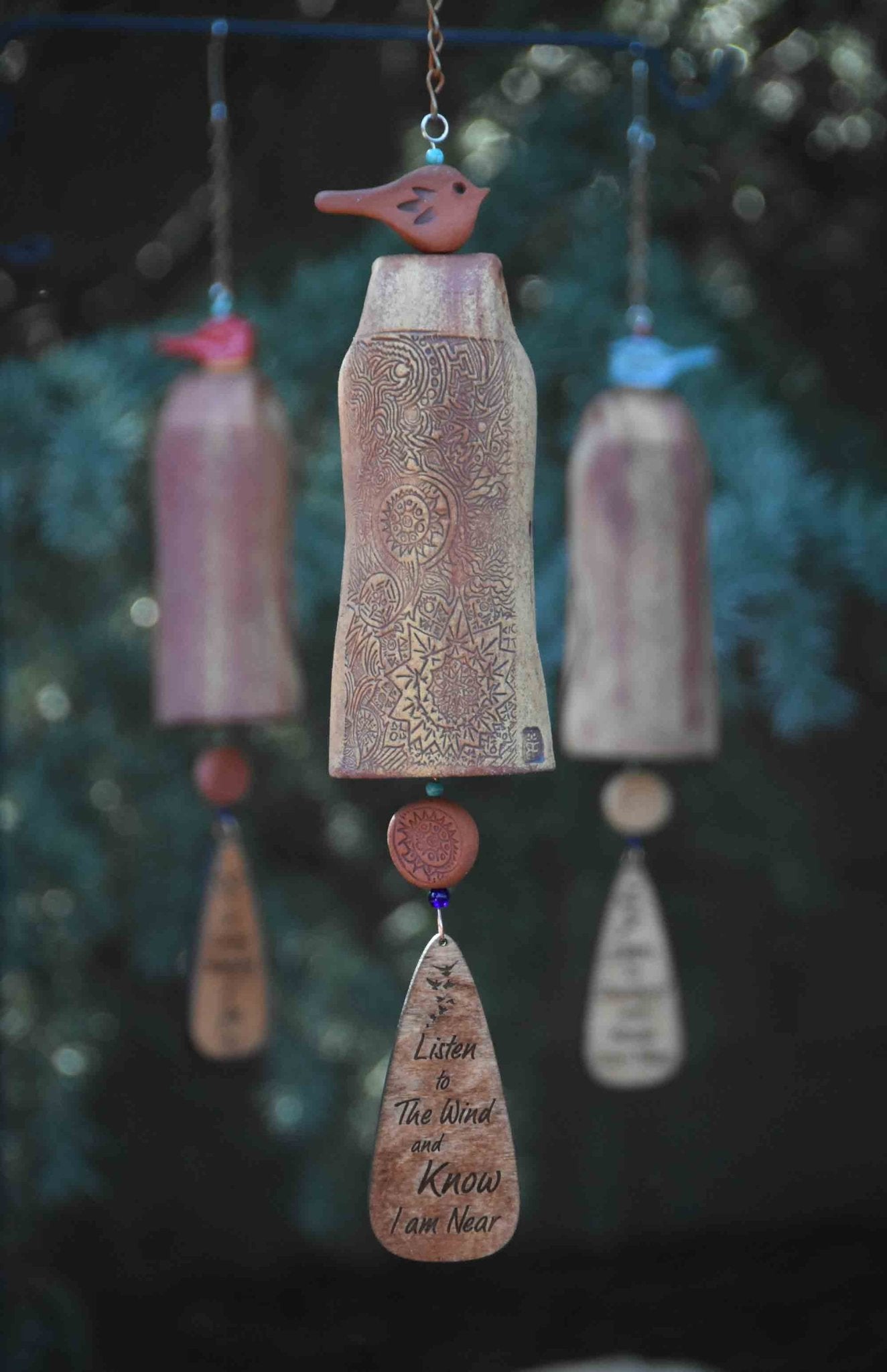 Mixed Clay Bell with Rustic Red Bird – Ceramic Sympathy Wind Chime for Pet Loss