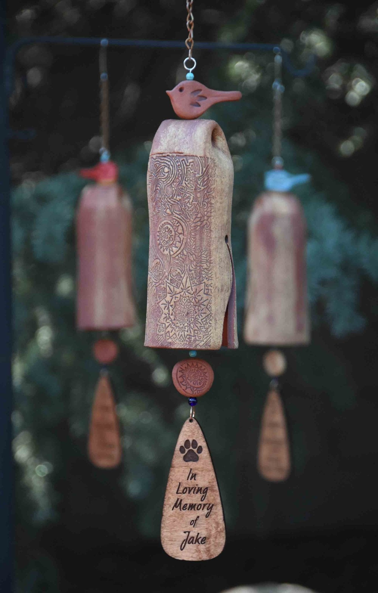 Mixed Clay Bell with Rustic Red Bird – Handmade Dog or Cat Loss Gift