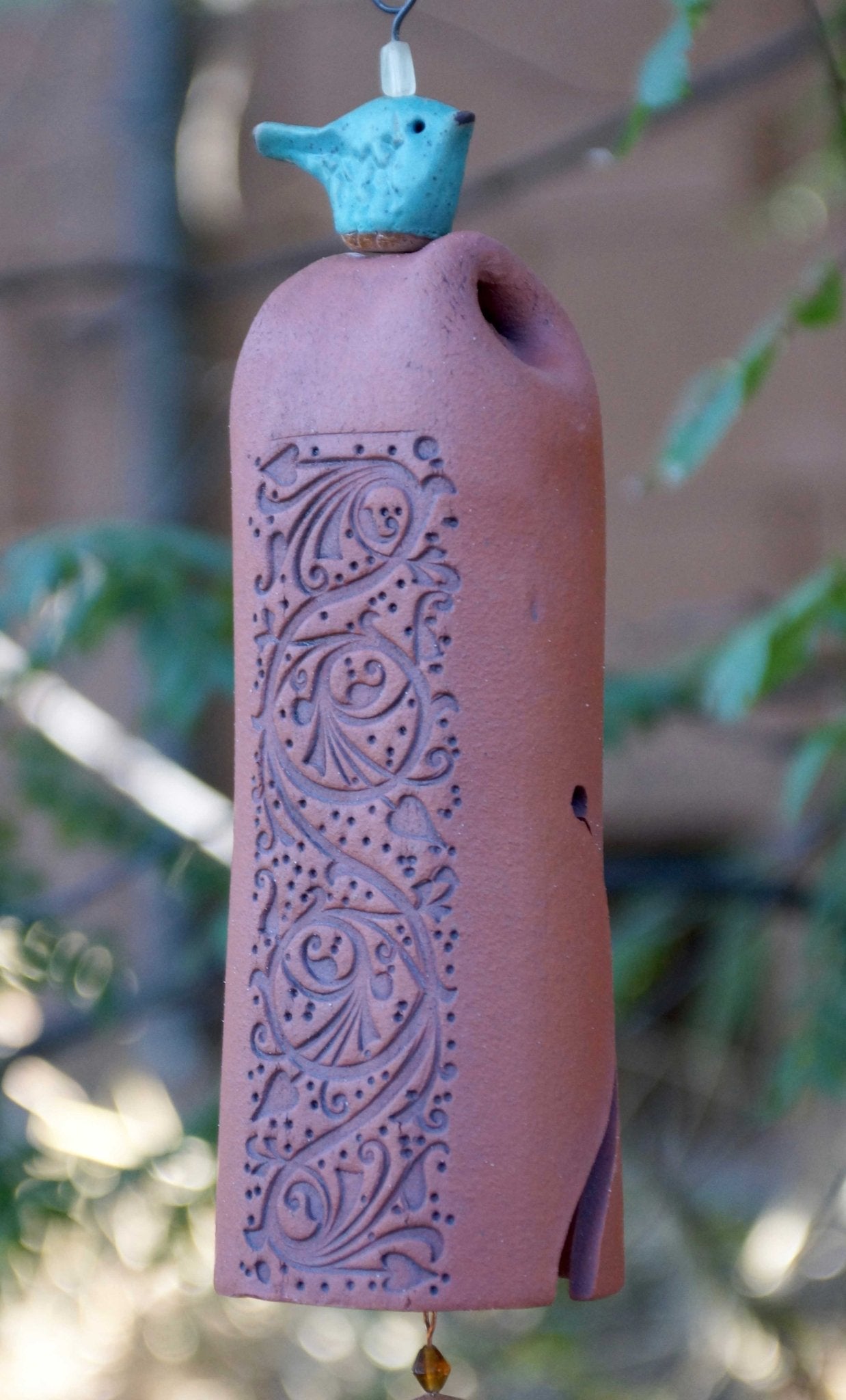 Red Vines ceramic wind chime with bluebird, custom housewarming message