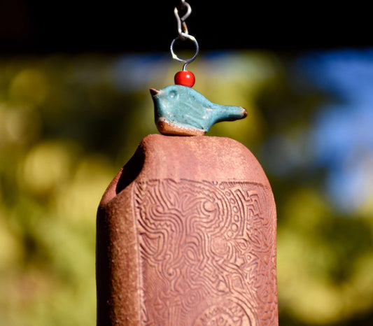 Mixed clay ceramic wind chime with blue glazed bird, personalized wooden sail