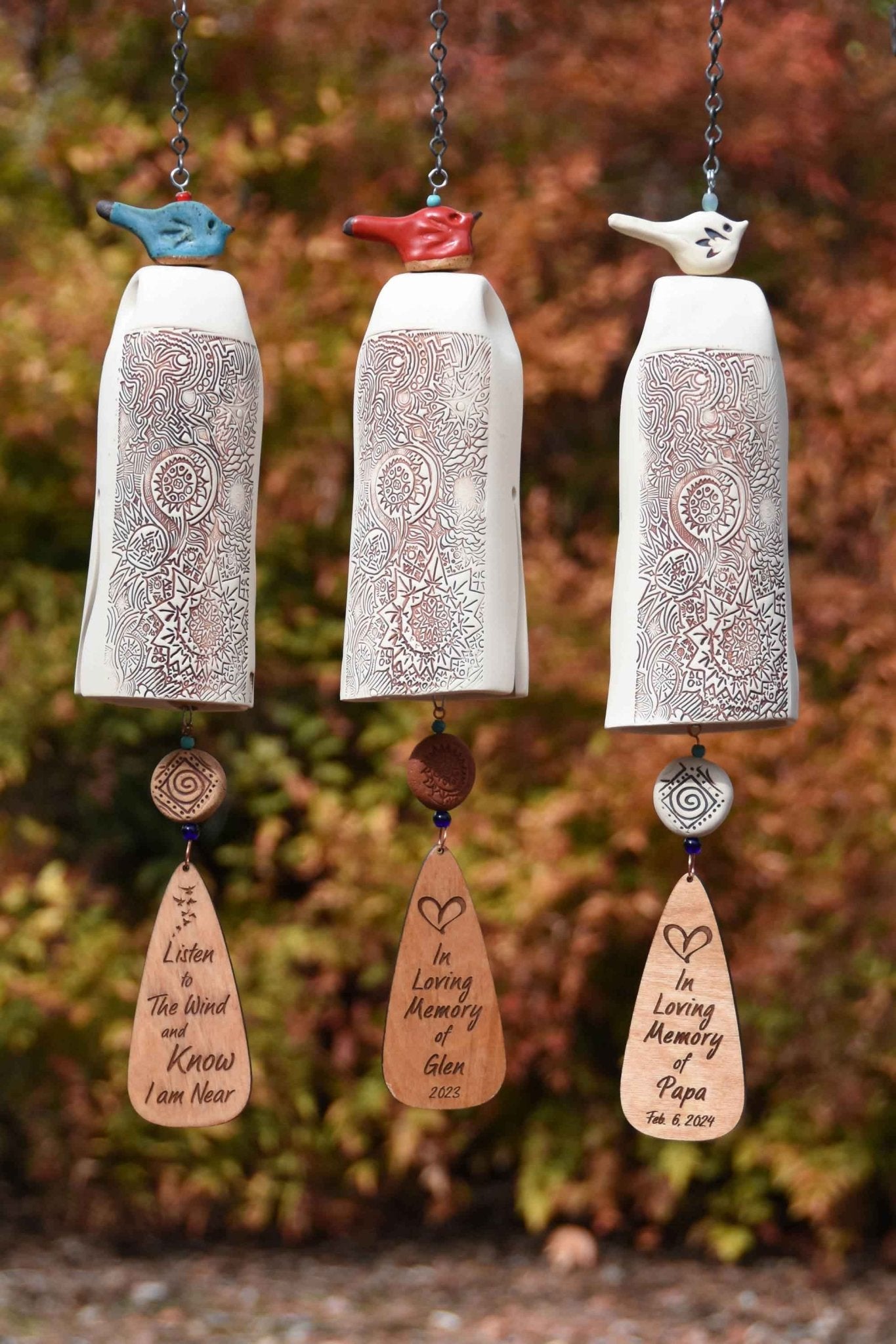 Personalized rustic white ceramic wind chimes with personalized sails