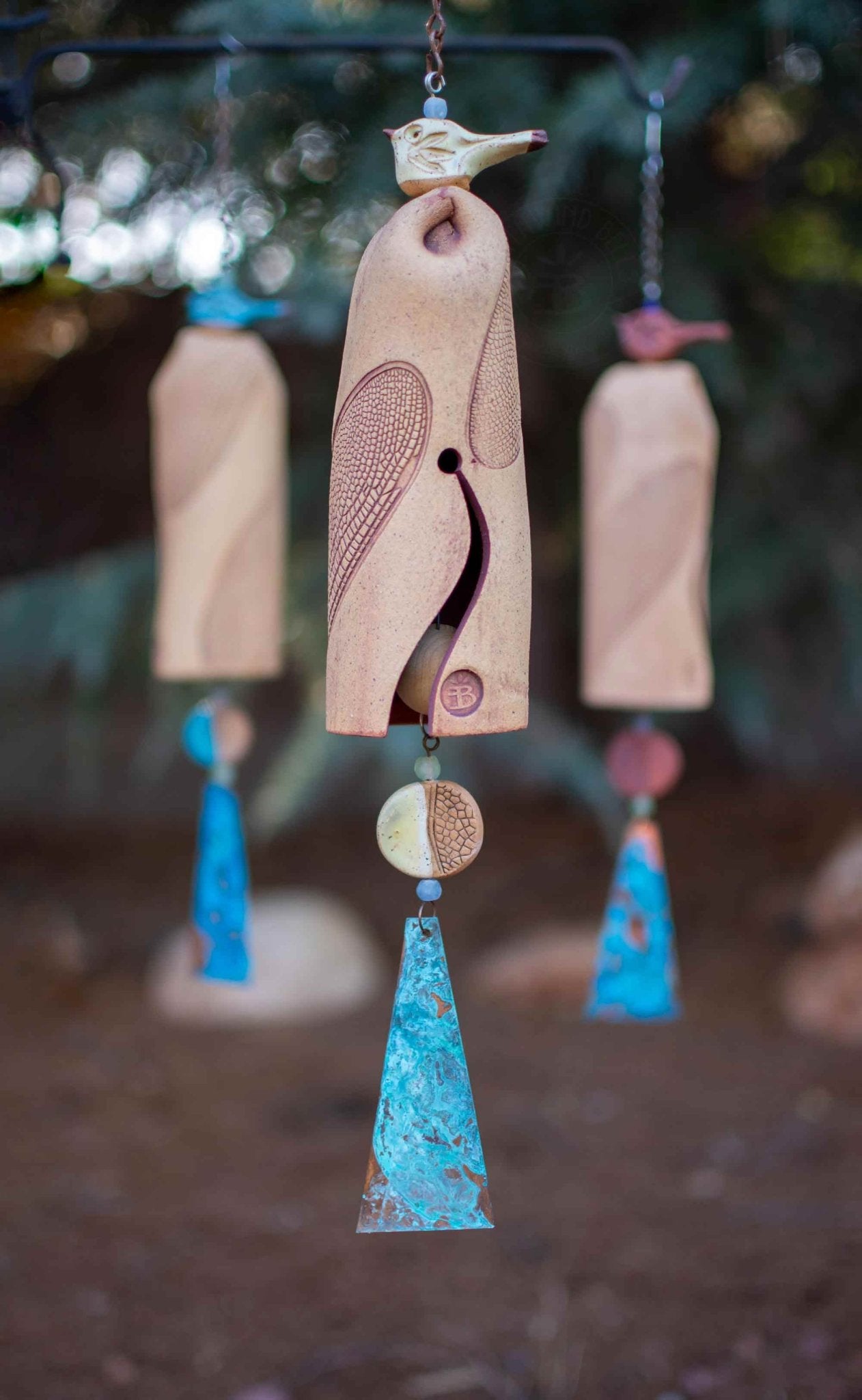 Outdoor dragonfly wind chime with copper wind sail and Green bird topper