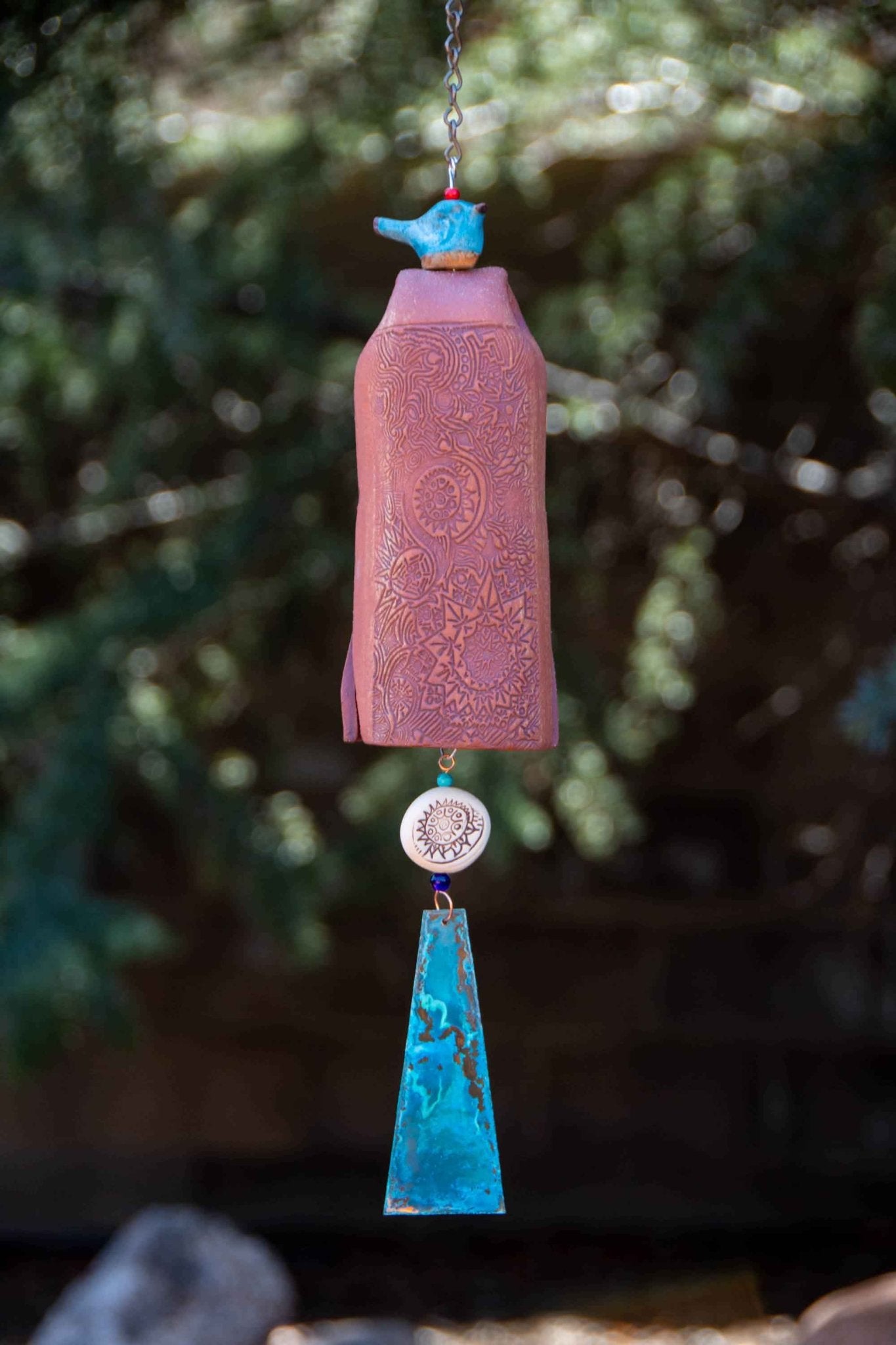 Handcrafted wind chime with glazed blue bird sculpture, rustic white bead, mixed clay bell – memorial garden gift.