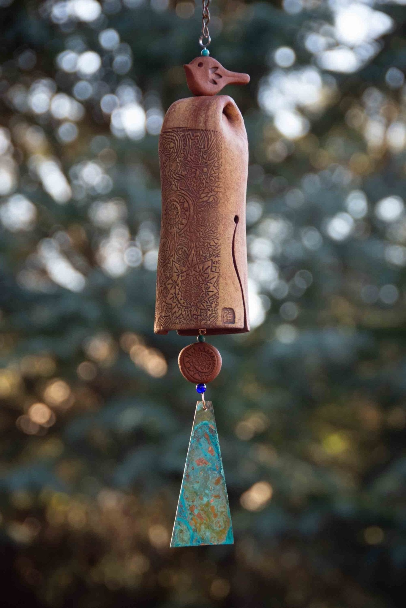 Bereavement wind chime with rustic red bird sculpture, rustic red bead, and mixed clay bell – lasting alternative to flowers.