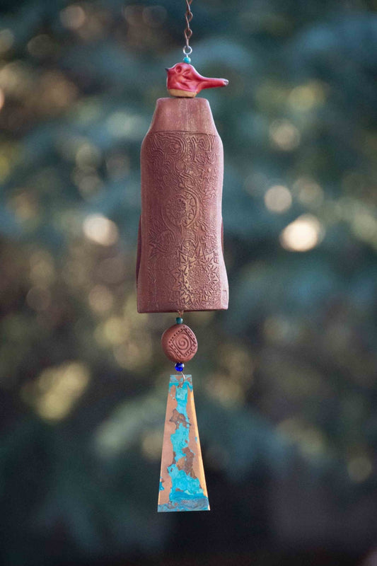 Glazed red bird bereavement wind chime with rustic white bead and white clay bell – handcrafted sympathy garden decor.