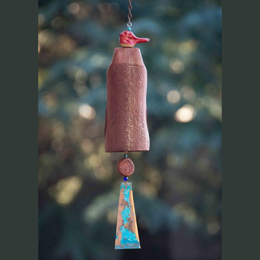 Glazed red bird bereavement wind chime with rustic white bead and white clay bell – handcrafted sympathy garden decor.