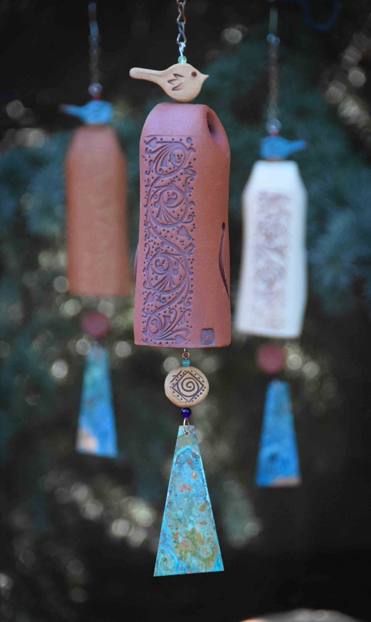 Rustic Red vines ceramic wind chime – 9th anniversary pottery gift