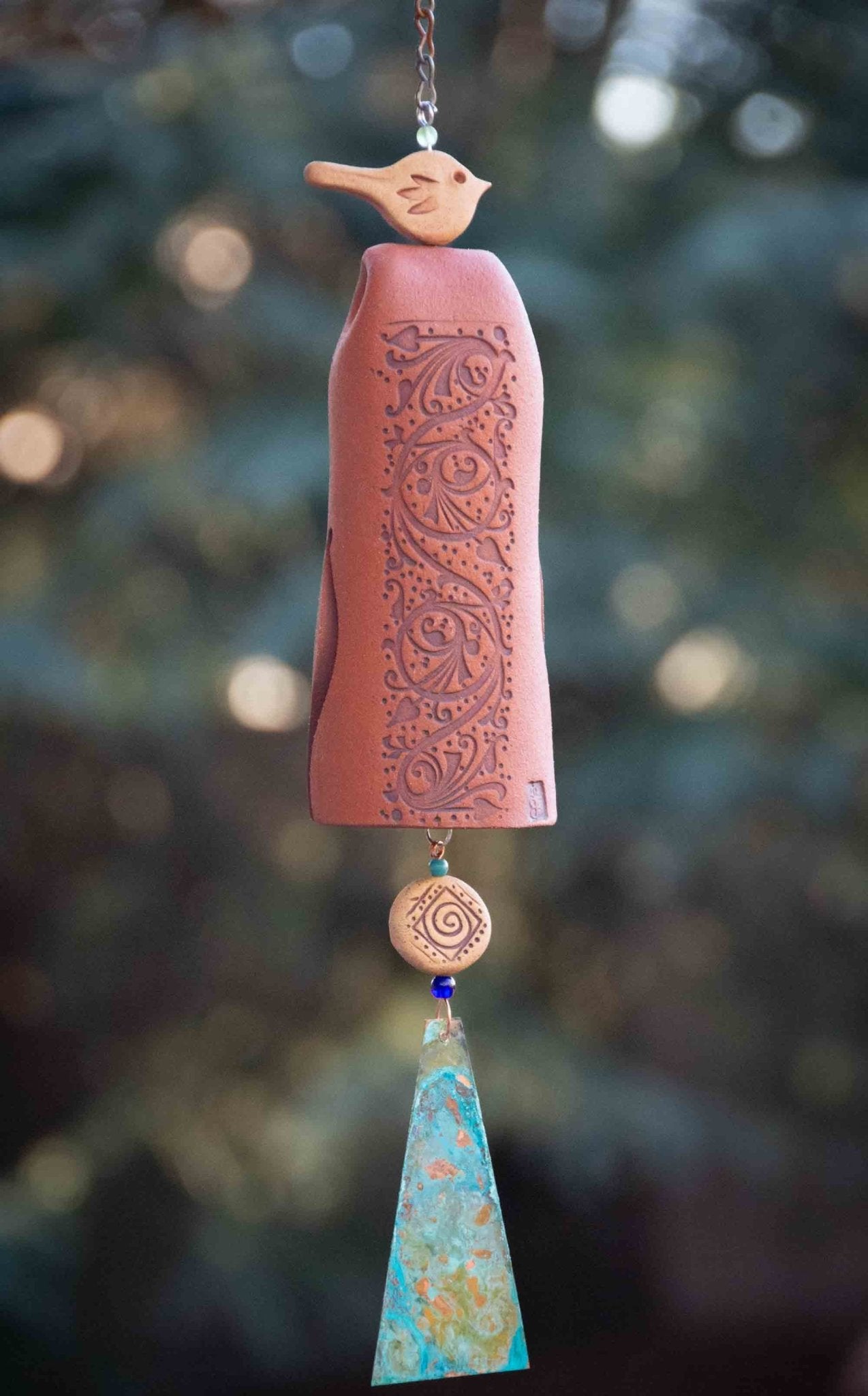 Pottery anniversary gift for wife with rustic red ceramic bell and bird topper