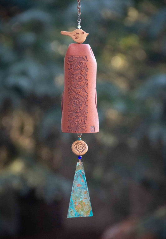 Rustic red ceramic wind chime with copper sail—unique birthday gift
