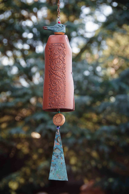 Handmade ceramic wind chime with bird topper, artisan-crafted in the USA
