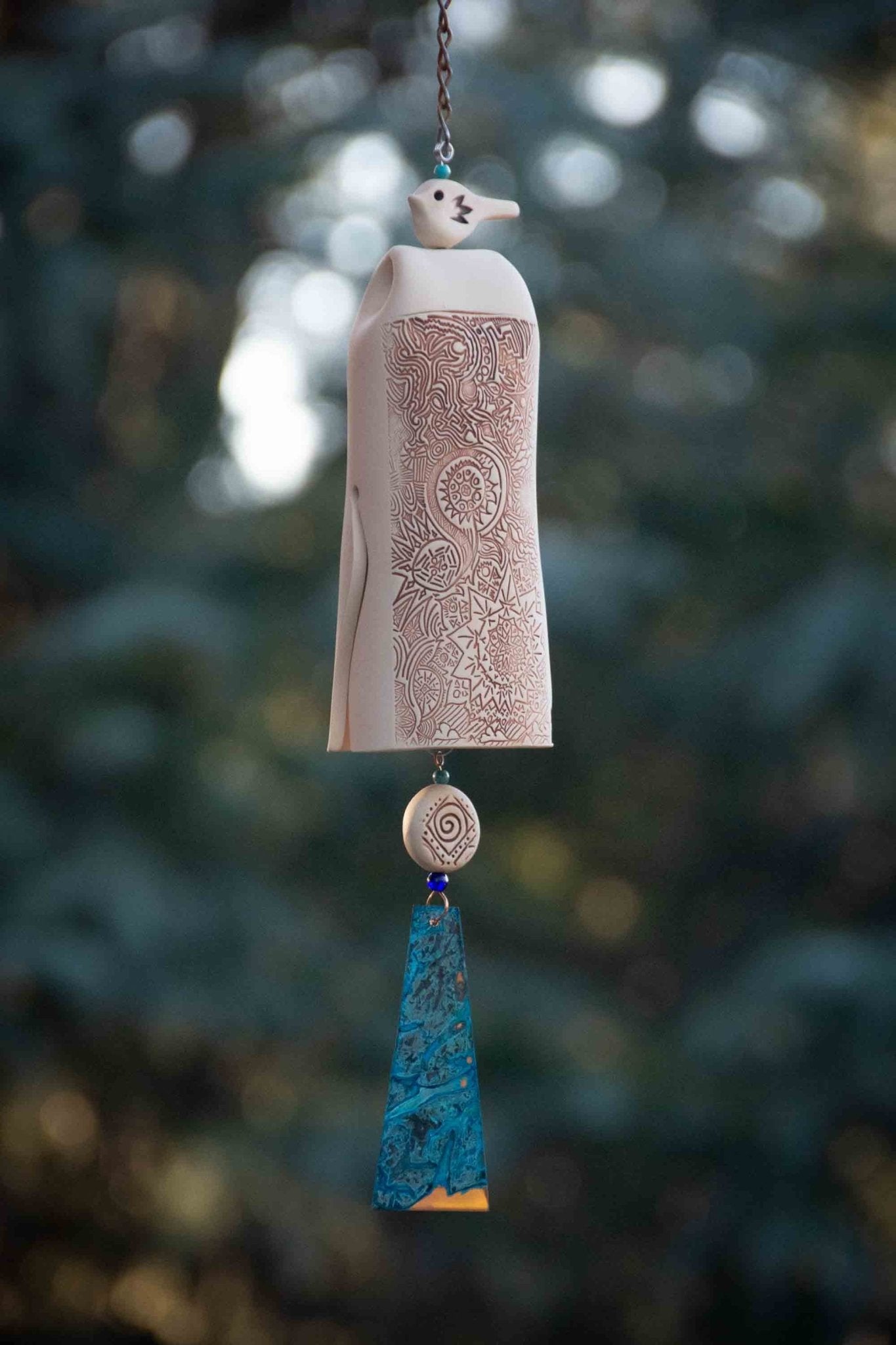 Handmade White Wind Chime Garden Bell with Starburst Pattern - EarthWind Bells