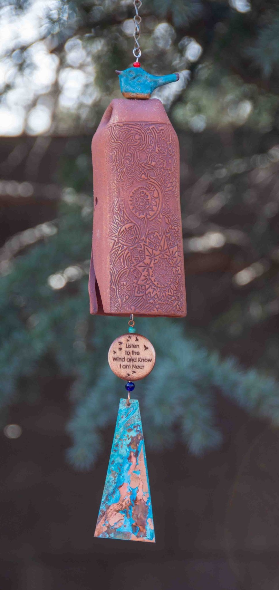 Handmade memorial wind chime with rustic white bell and etched wooden bead