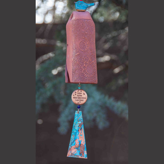 Handmade memorial wind chime with rustic white bell and etched wooden bead