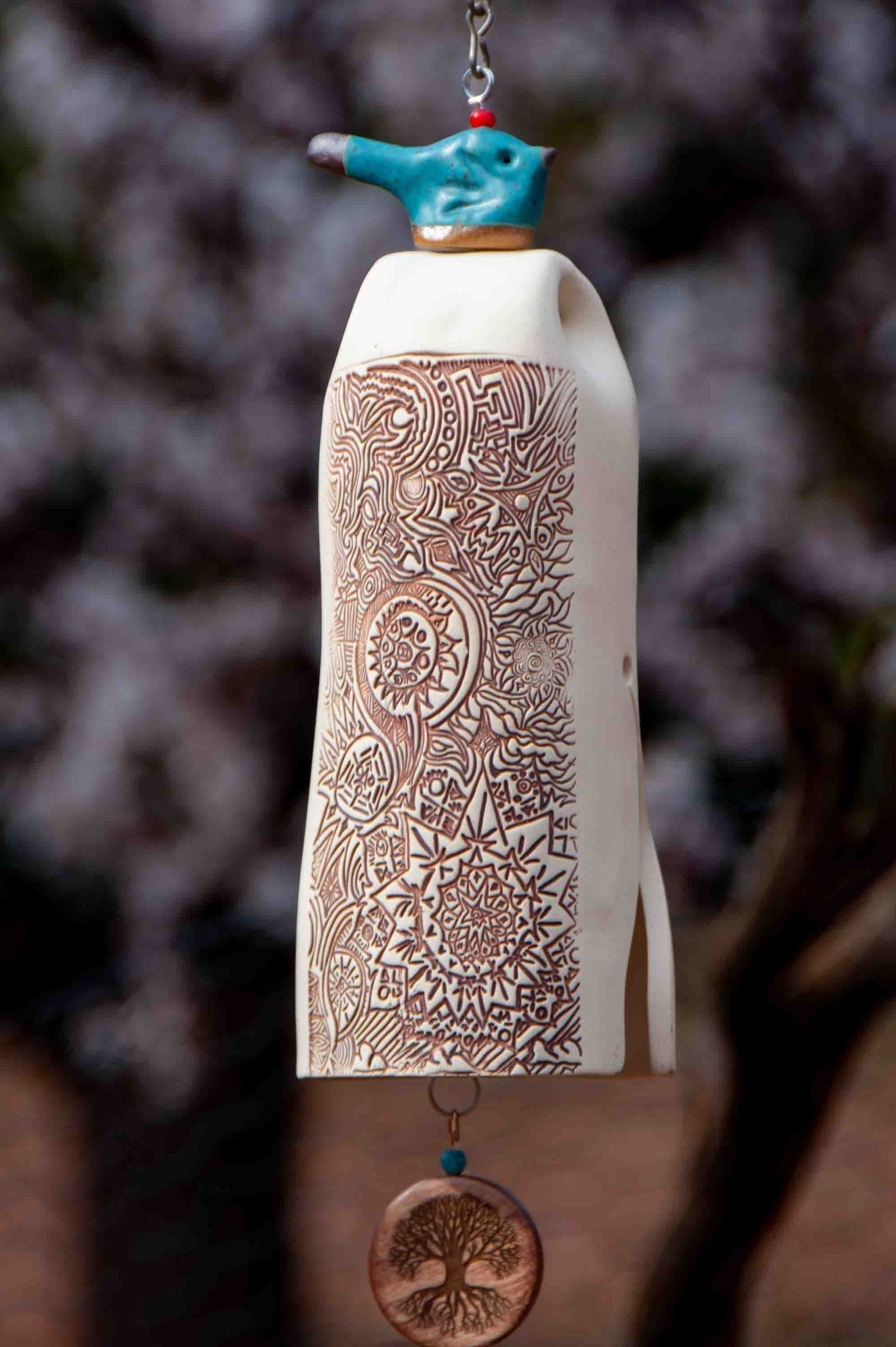 Memorial wind chime gift with rustic white bird and ceramic bell body