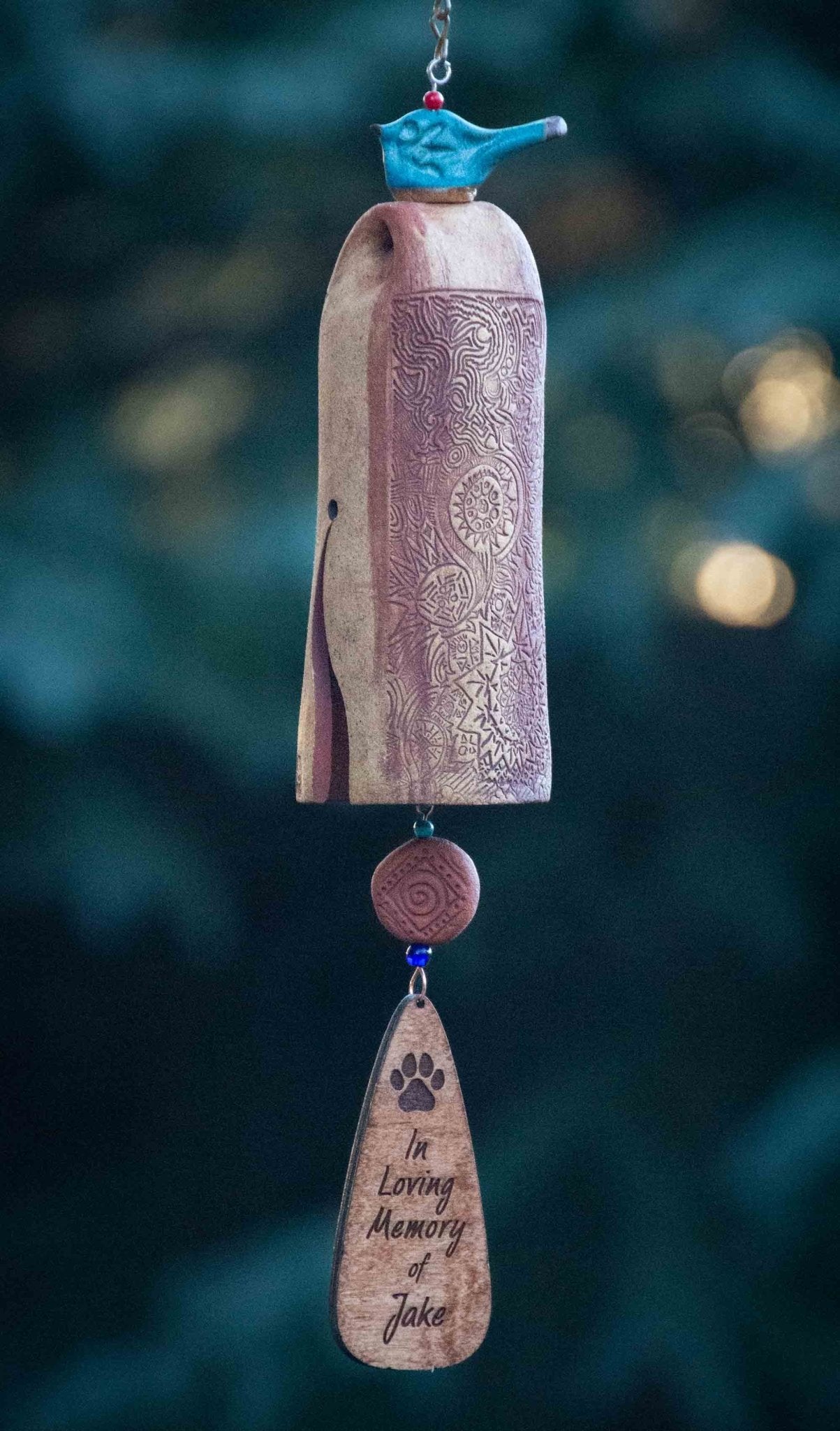 Personalized sympathy wind chime with red glazed bird and etched bead