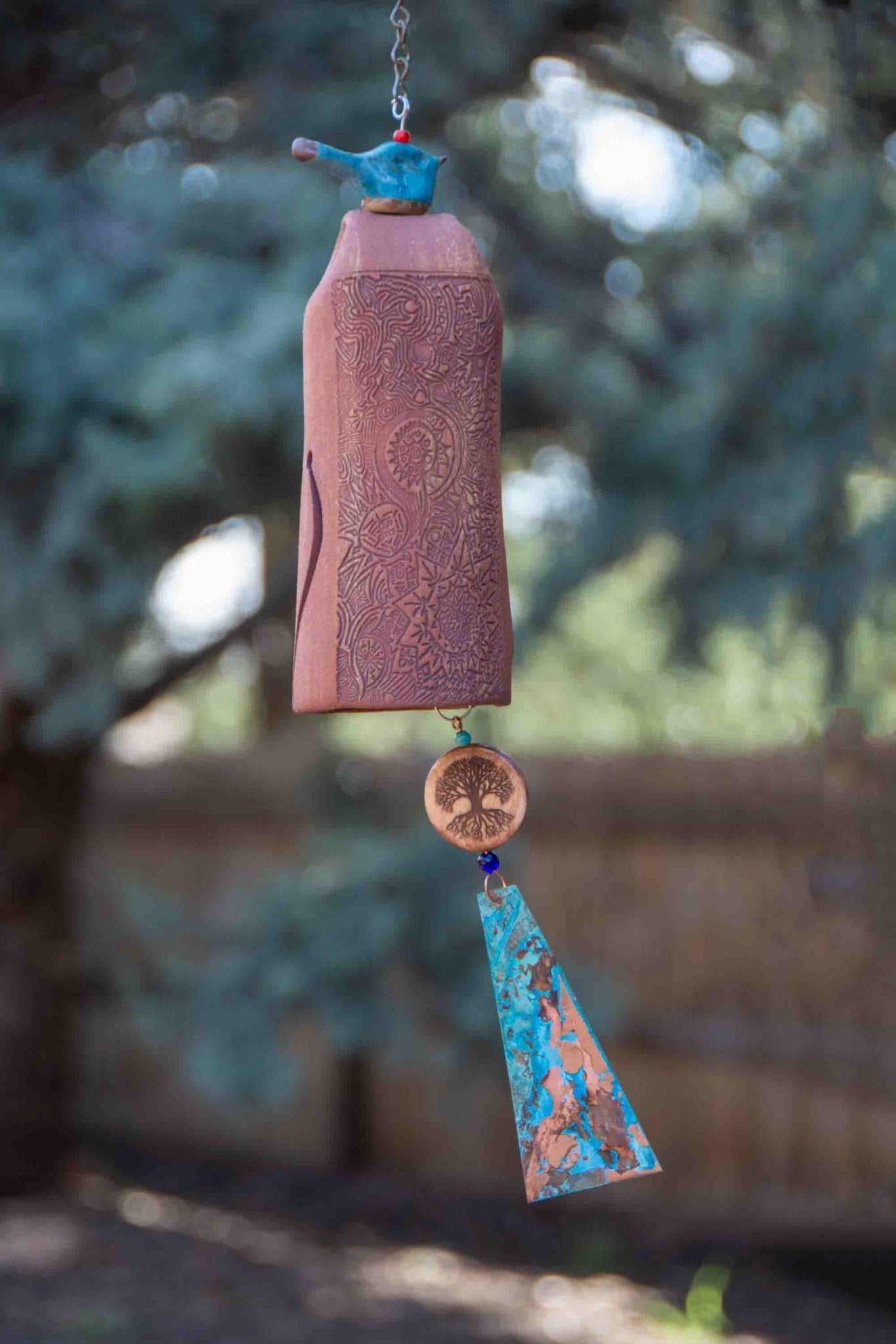 Engraved wooden bead on sympathy wind chime with mixed clay bell
