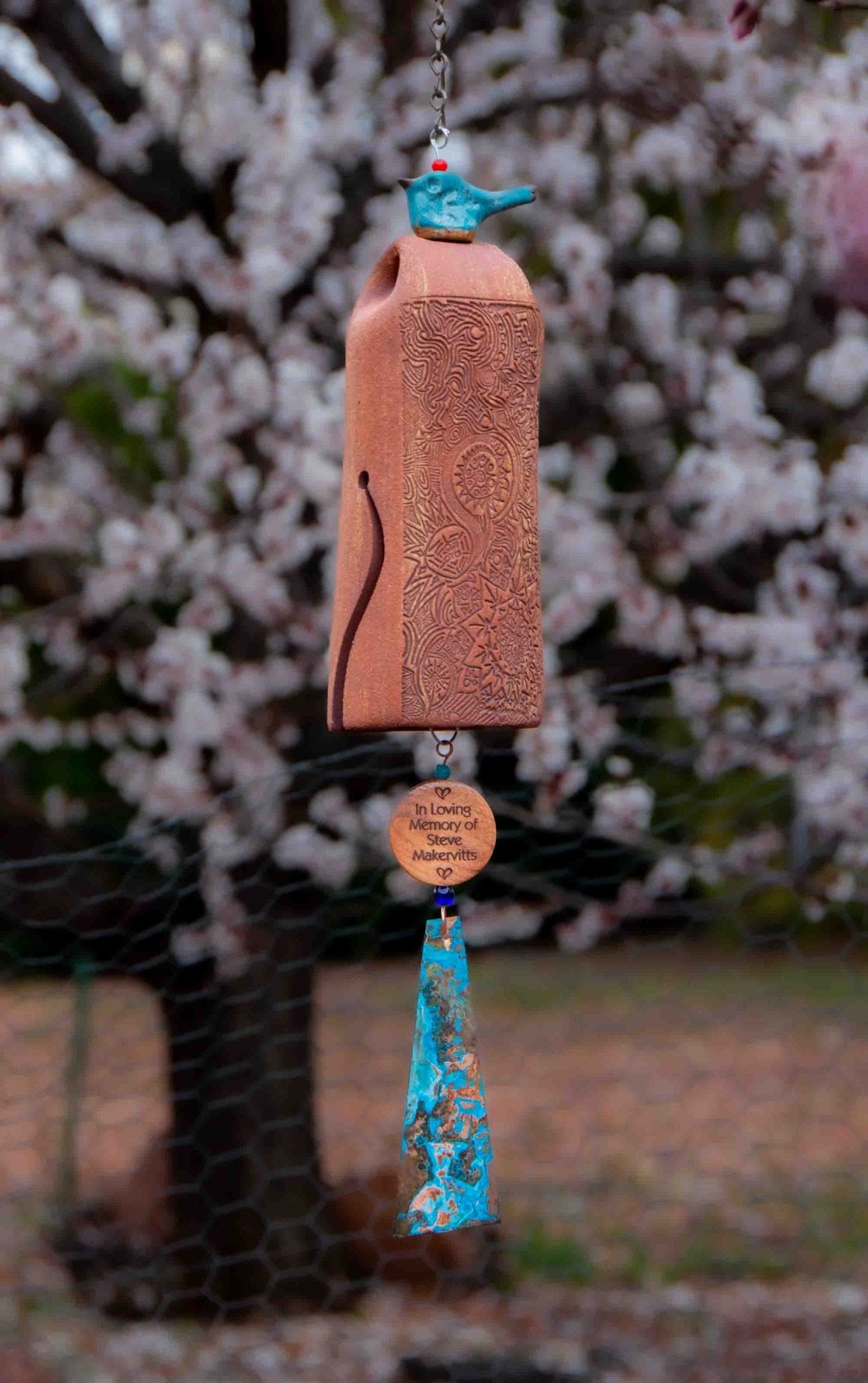 Bluebird memorial wind chime with personalized inscription and copper sail