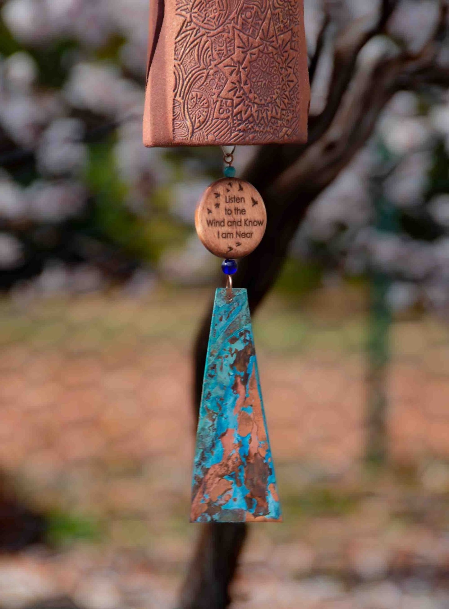 Dragonfly memorial wind chime with rustic ceramic bell and copper tail