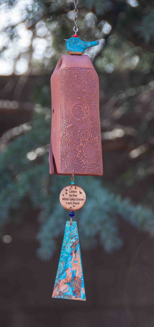 Rustic red ceramic sympathy wind chime with engraved wooden bead