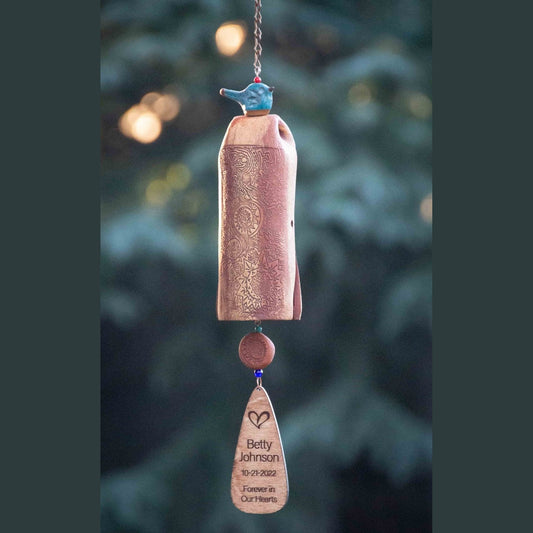Rustic tan memorial wind chime with custom wooden sail inscription 2