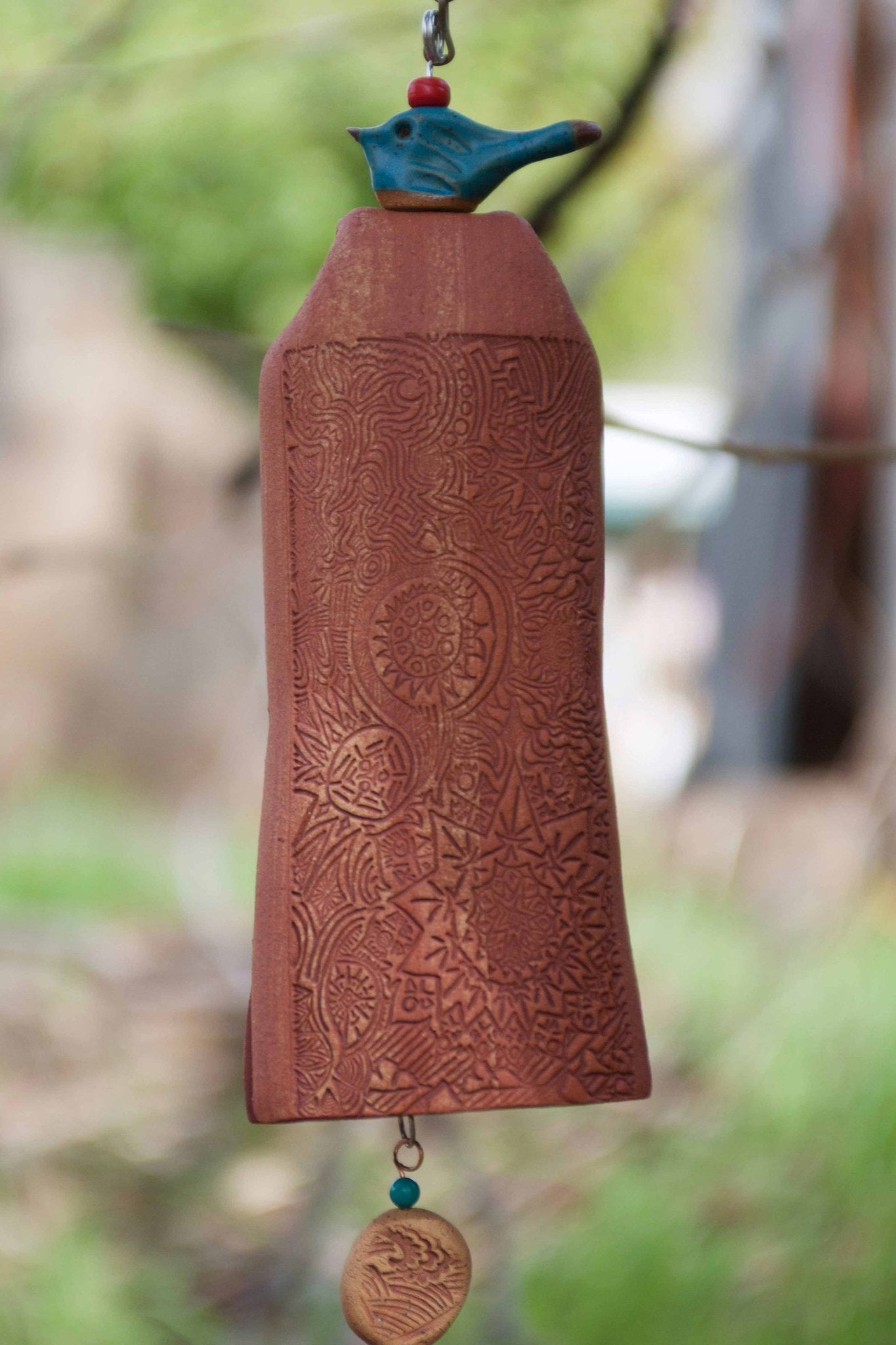 Sympathy wind chime with bluebird topper and engraved wooden tail