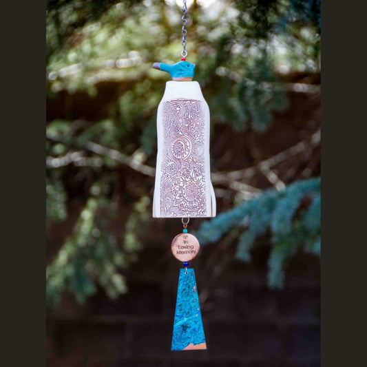 Personalized memorial wind chime with blue glazed bird topper, rustic white bell, and etched wooden bead