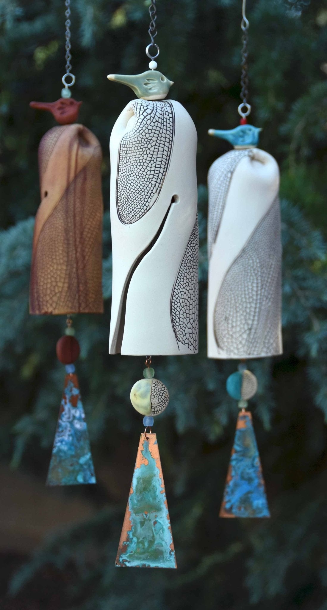 Rustic dragonfly wind chimes handmade from ceramic with copper sail – EarthWind Bells