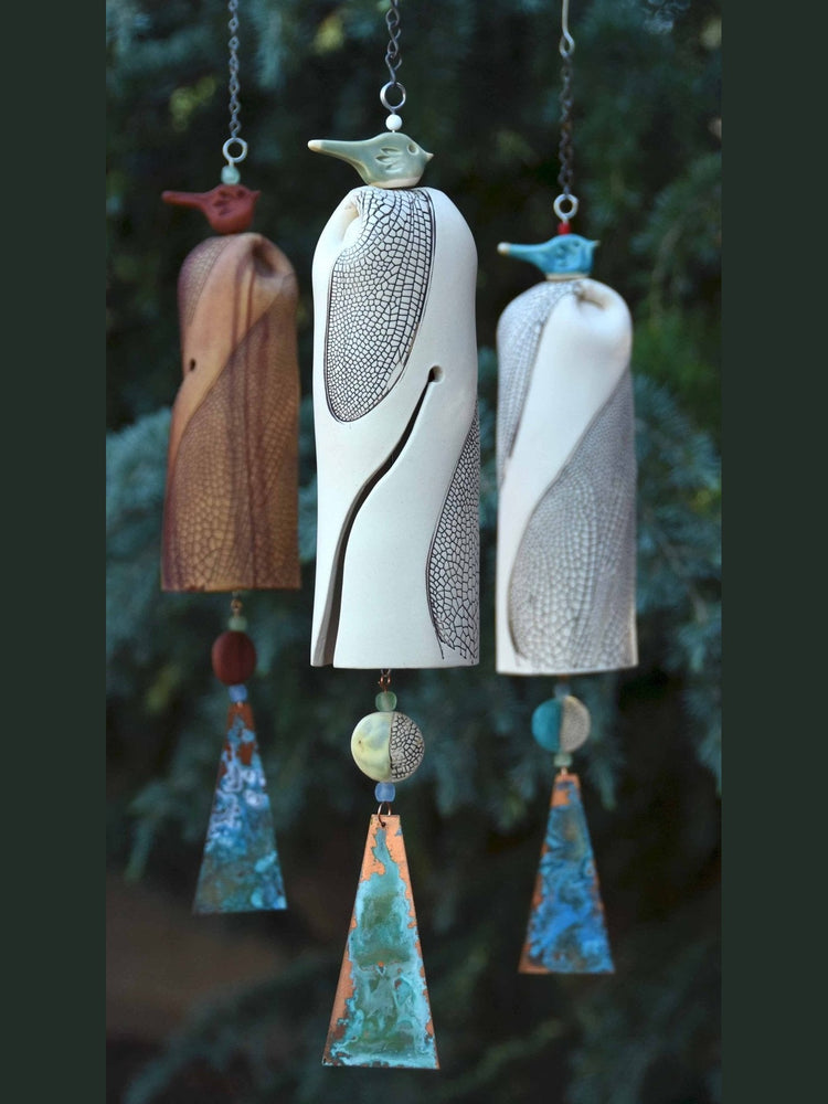 Rustic dragonfly wind chimes handmade from ceramic with copper sail – EarthWind Bells