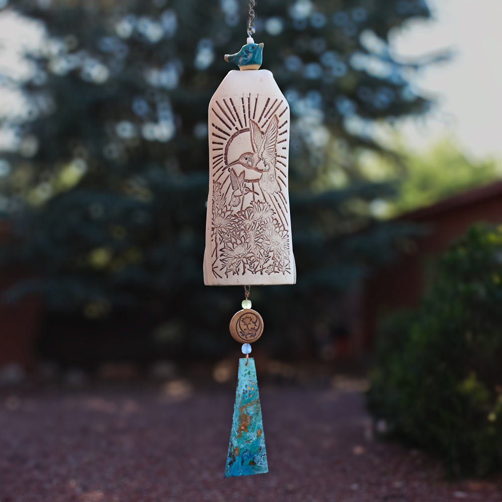 Handmade hummingbird wind chimes with ceramic bird toppers and copper wind sails