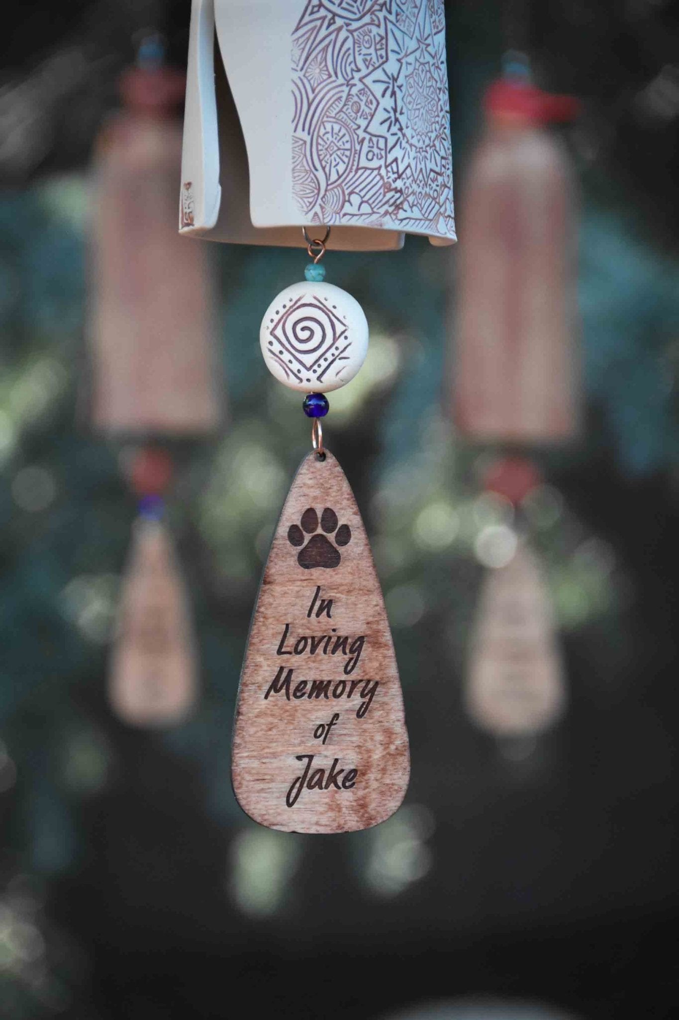 Pet memorial wind chimes with paw print option, personalized sympathy garden gift