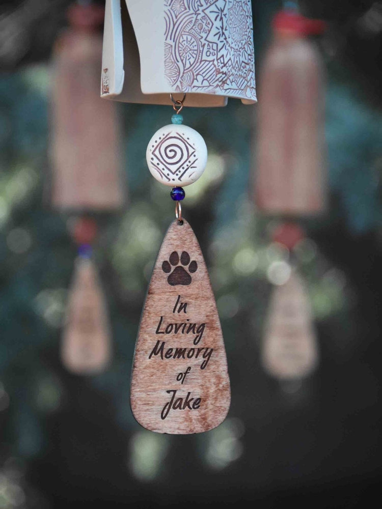Pet memorial wind chimes with paw print option, personalized sympathy garden gift
