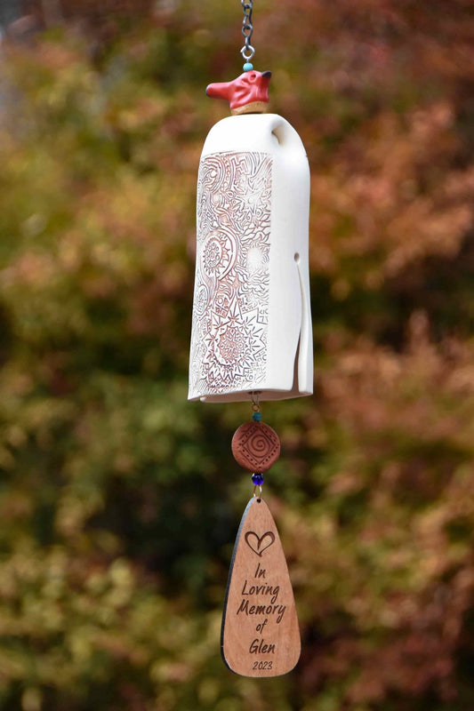 Rustic white ceramic memorial wind chime with engraved wooden sail