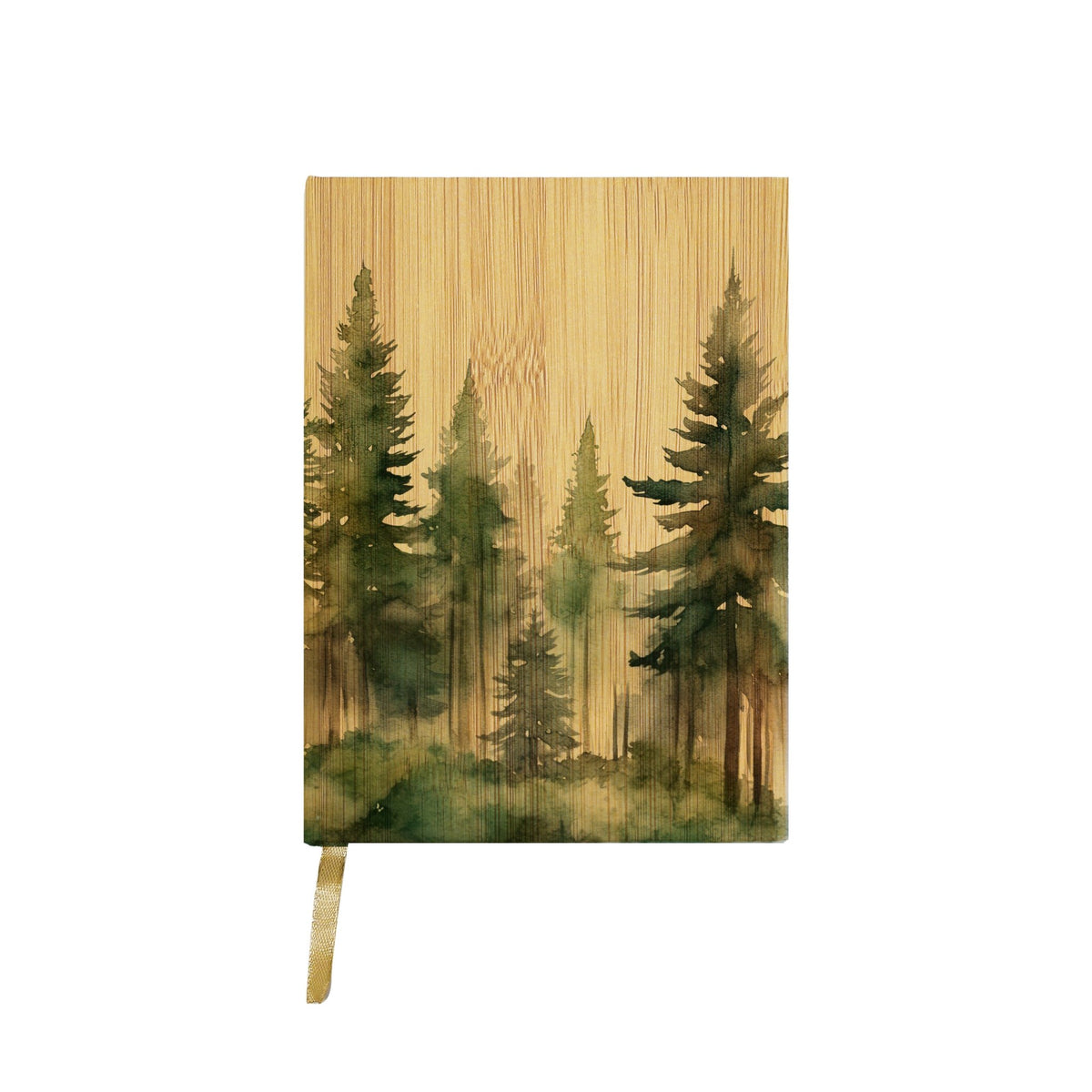Watercolor pine forest grief journal with gold ribbon bookmark