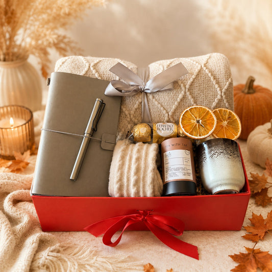 Sympathy comfort gift box with throw blanket, journal, tea and ceramic cup