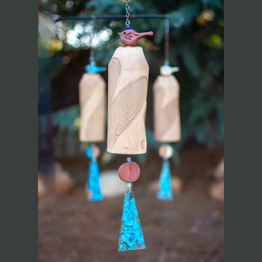 Outdoor dragonfly wind chime with copper wind sail and Rustic red bird topper
