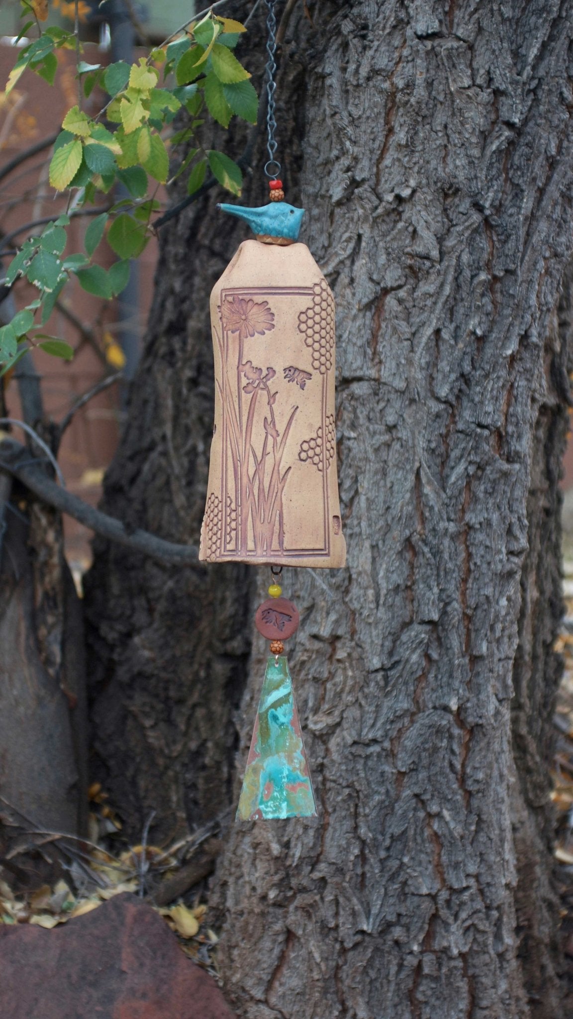 Ceramic Wind Chimes - Outdoor Garden Art with a Honeycomb Bee Pattern - EarthWind Bells