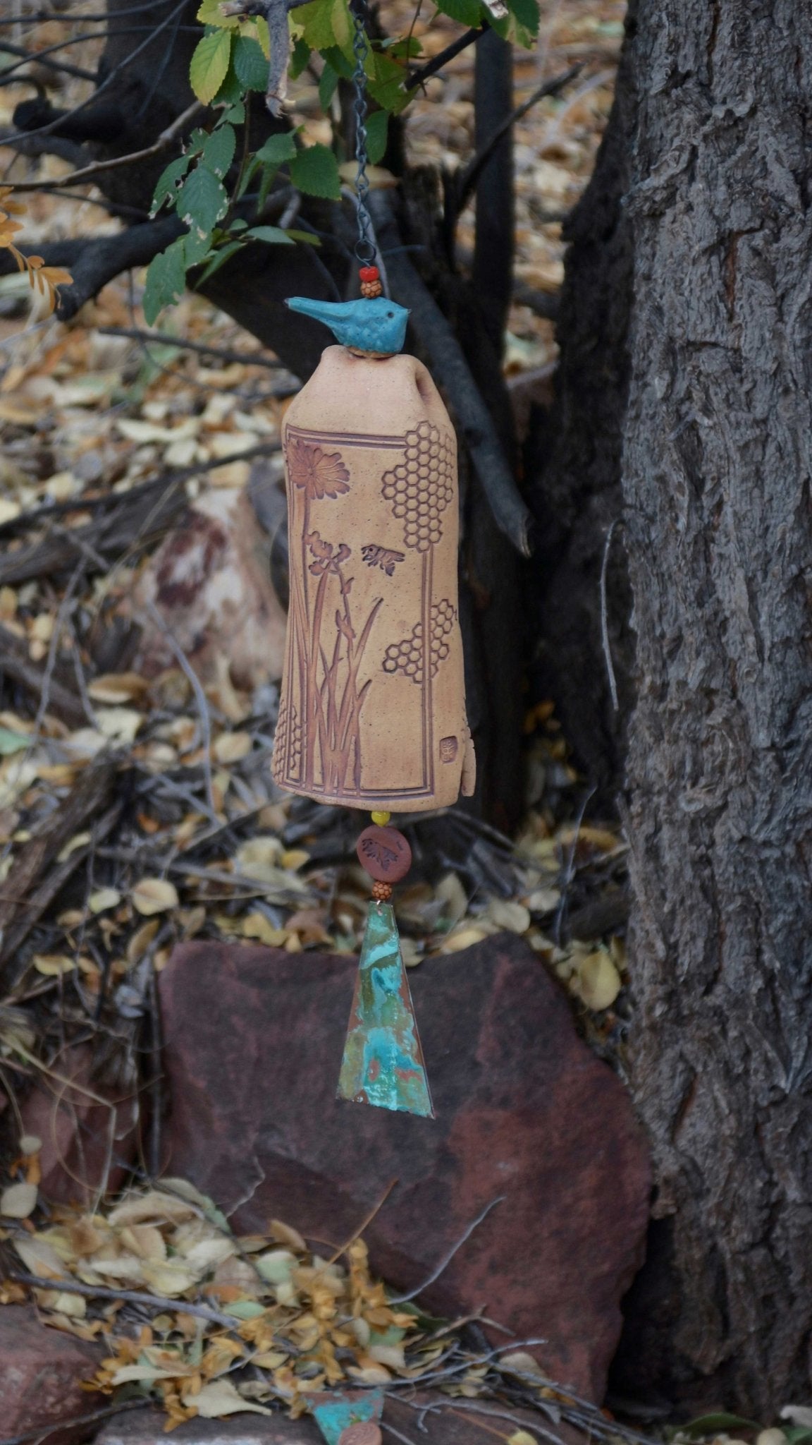 Ceramic Wind Chimes - Outdoor Garden Art with a Honeycomb Bee Pattern - EarthWind Bells
