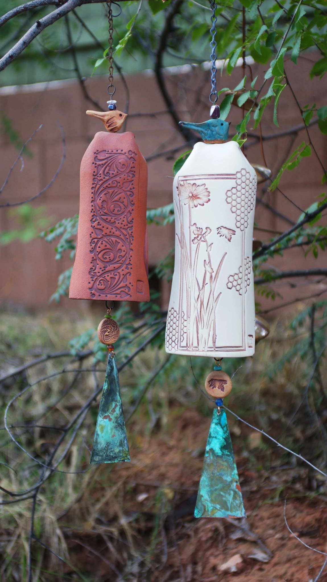 Ceramic Wind Chimes - Outdoor Garden Art with a Honeycomb Bee Pattern - EarthWind Bells