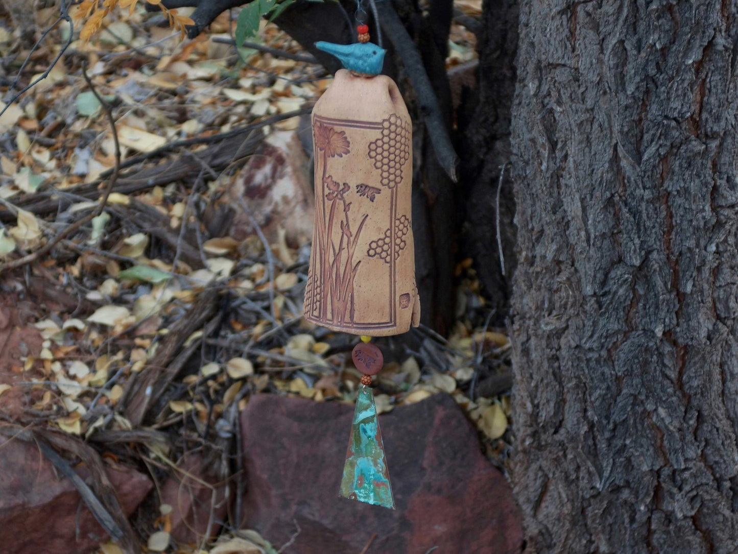 Ceramic Wind Chimes - Outdoor Garden Art with a Honeycomb Bee Pattern - EarthWind Bells