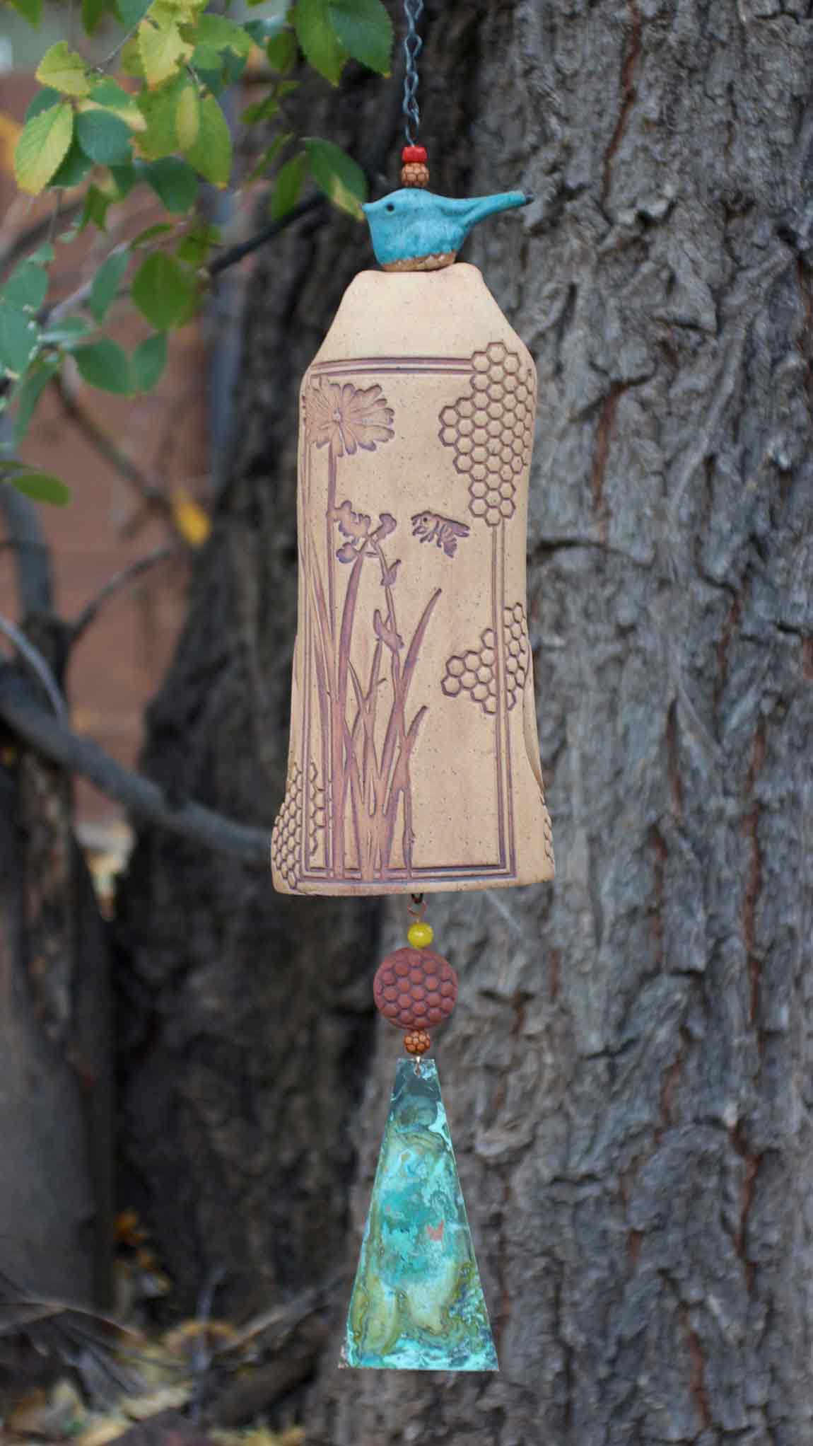 Ceramic Wind Chimes - Outdoor Garden Art with a Honeycomb Bee Pattern - EarthWind Bells