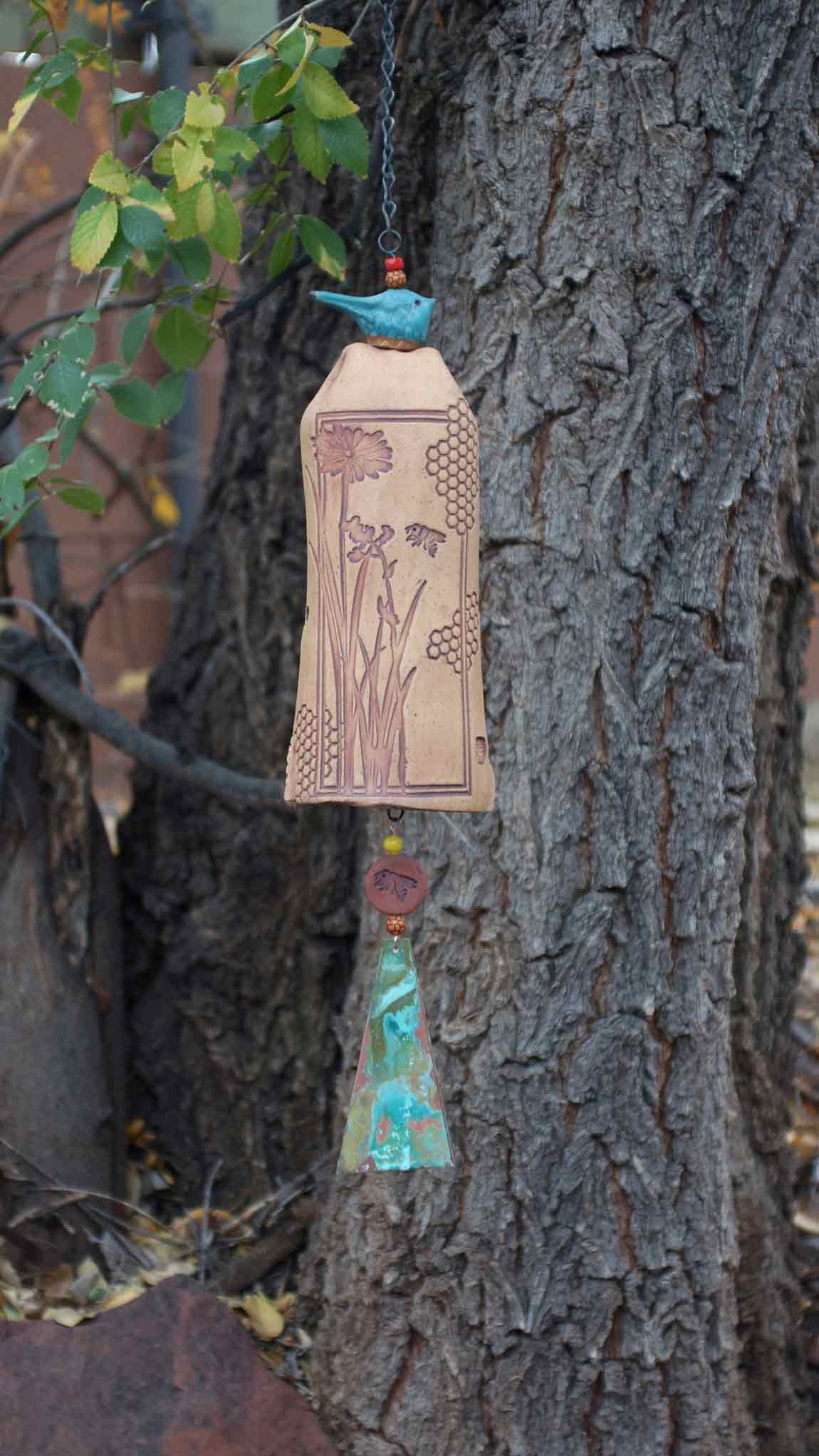 Ceramic Wind Chimes - Outdoor Garden Art with a Honeycomb Bee Pattern - EarthWind Bells