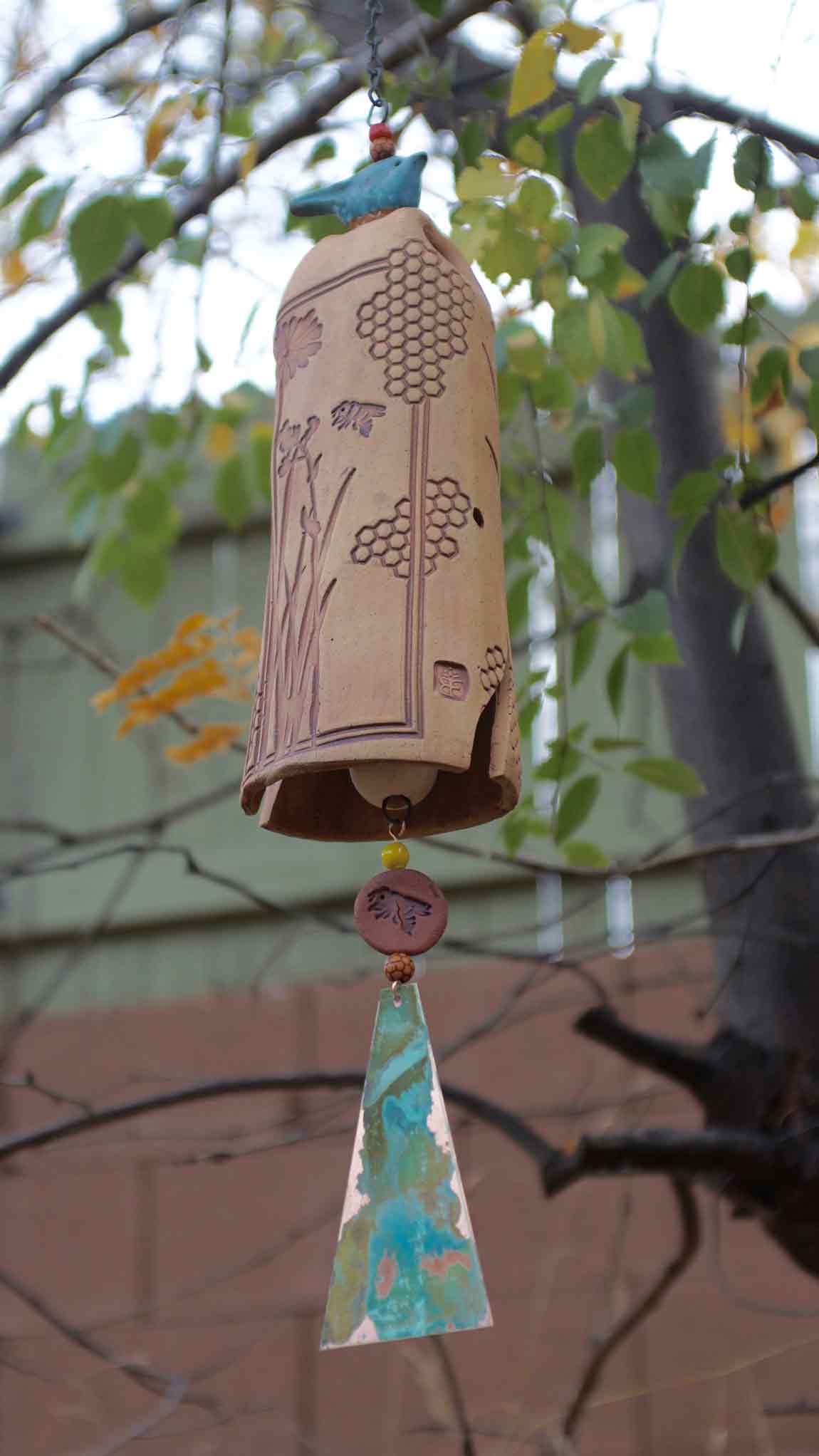 Ceramic Wind Chimes - Outdoor Garden Art with a Honeycomb Bee Pattern - EarthWind Bells