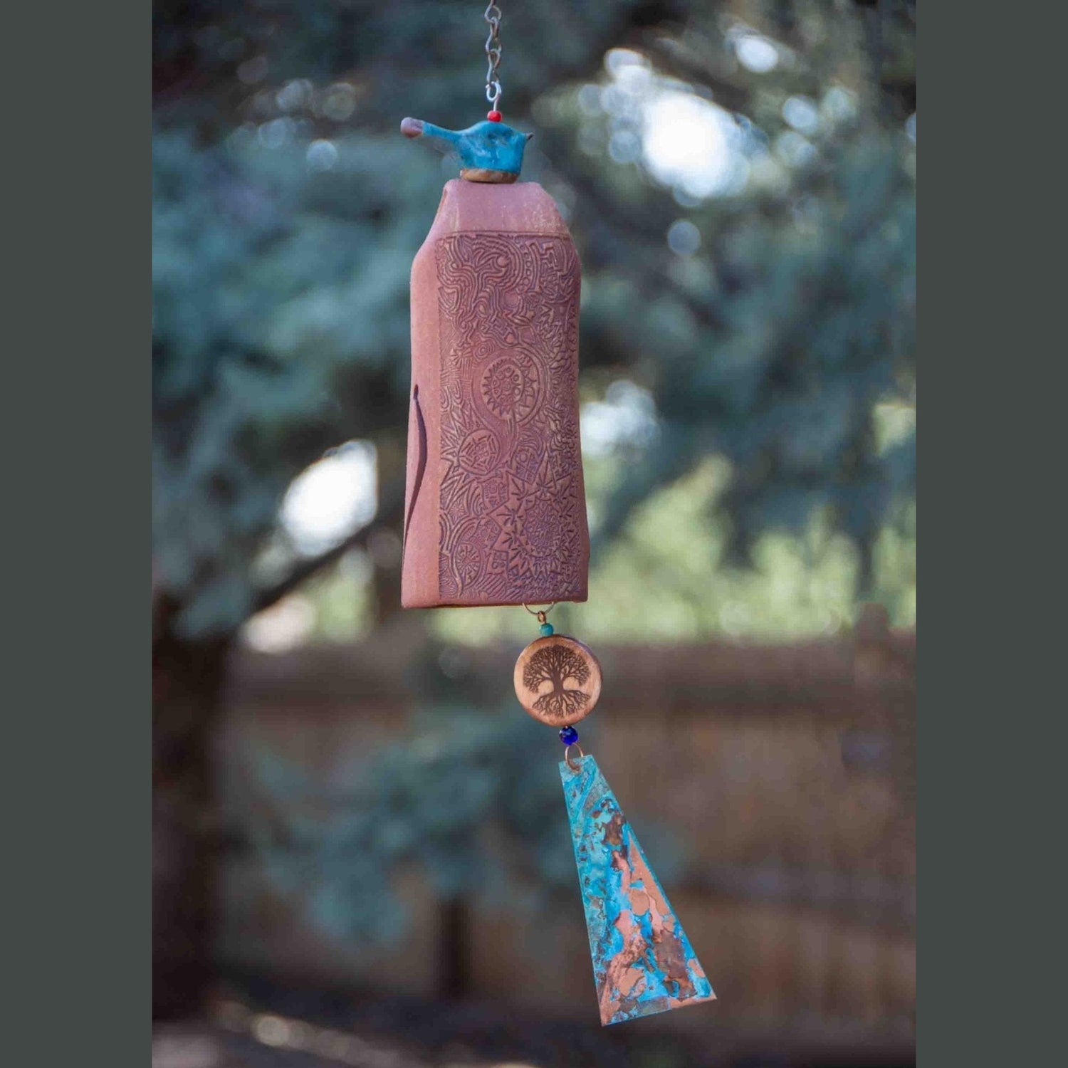 Engraved wooden bead on sympathy wind chime with mixed clay bell